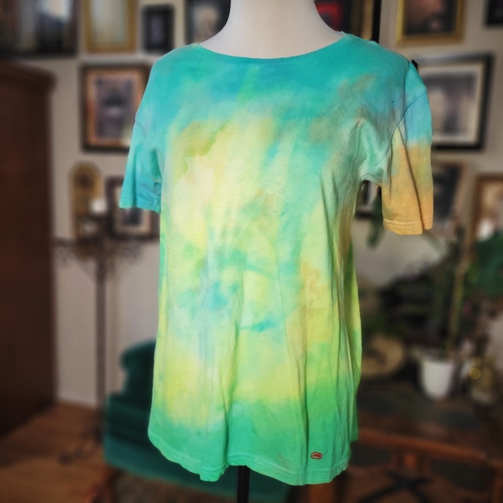 Ecko Unltd T-Shirt Vintage Tie Dye Green Yellow Blue Rhino Logo Mens Large Y2K